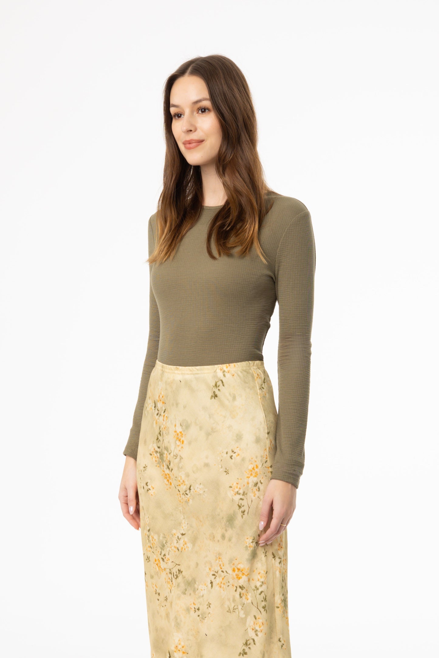 Olive Waved Round Neck Long Sleeve T Shirt