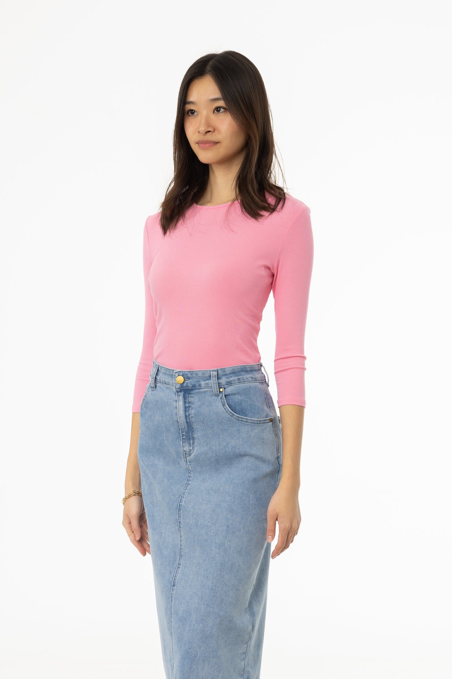 Pink Ribbed Round Neck 3/4 Sleeve T-Shirt