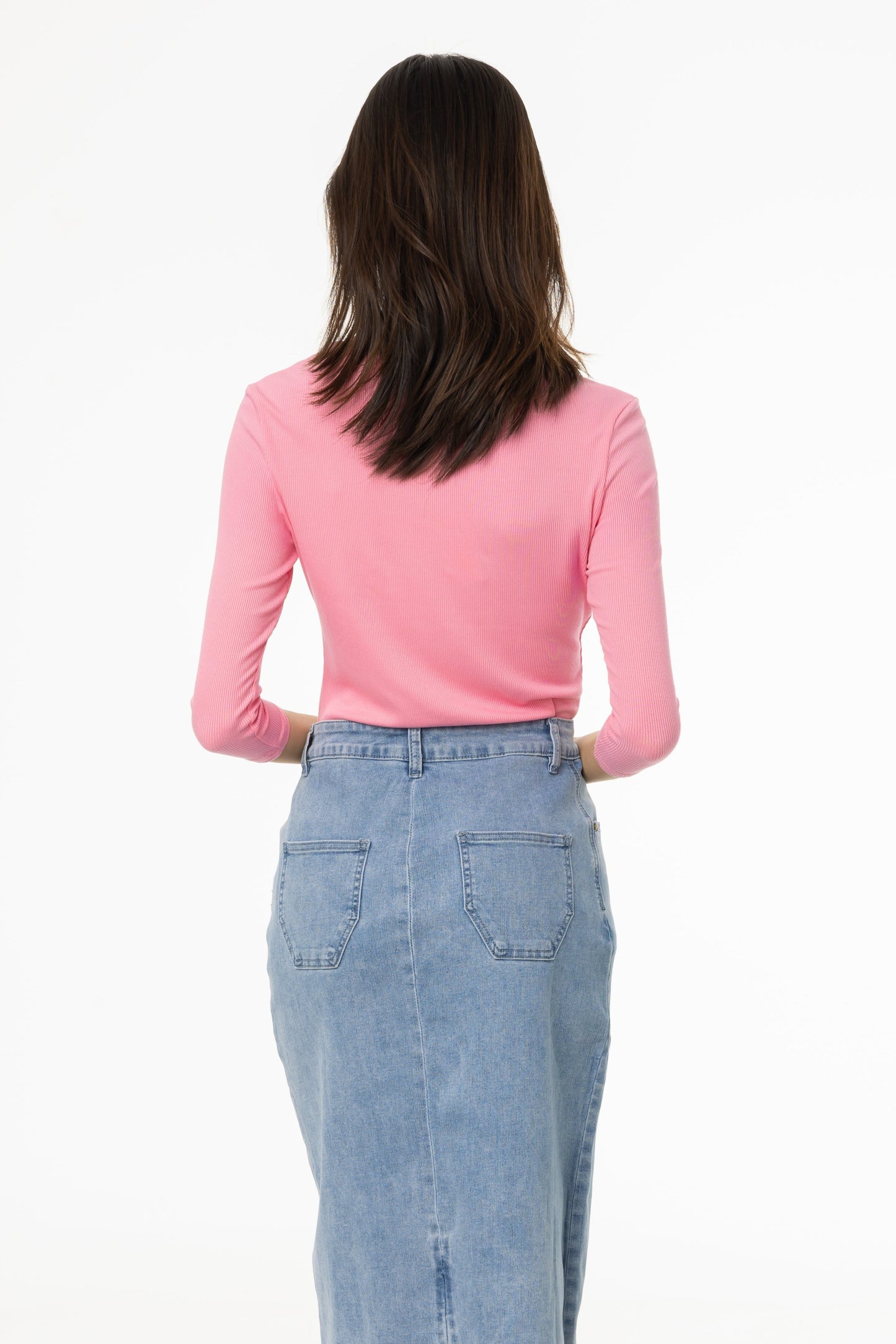 Pink Ribbed Round Neck 3/4 Sleeve T-Shirt