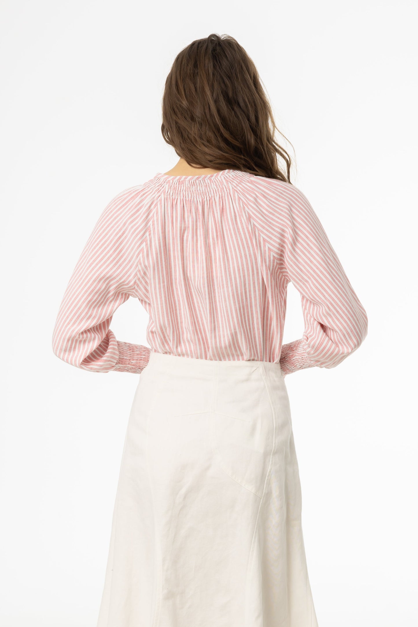 Pink Striped Smocked Raglan Sleeve Shirt