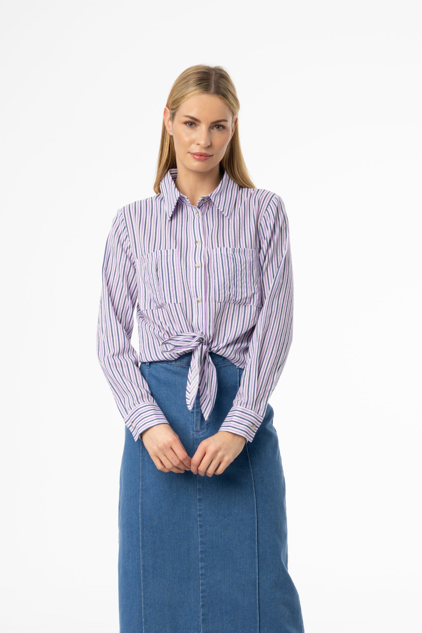 Purple Multi Striped Tie Blouse