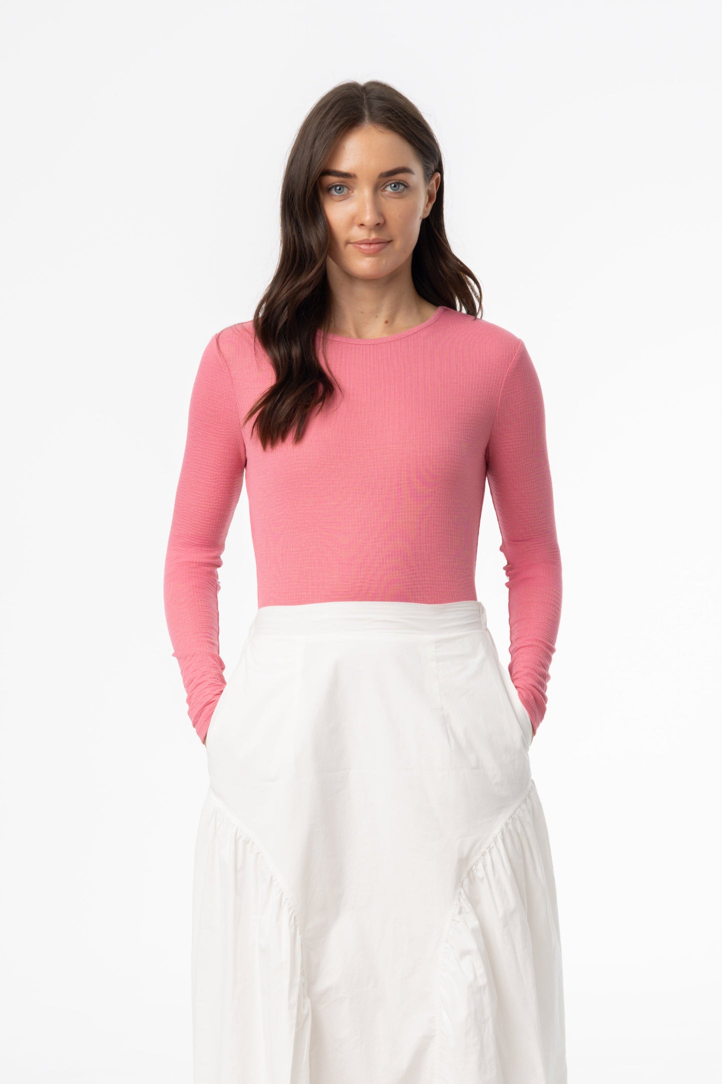 Raspberry Waved Round Neck Long Sleeve T Shirt