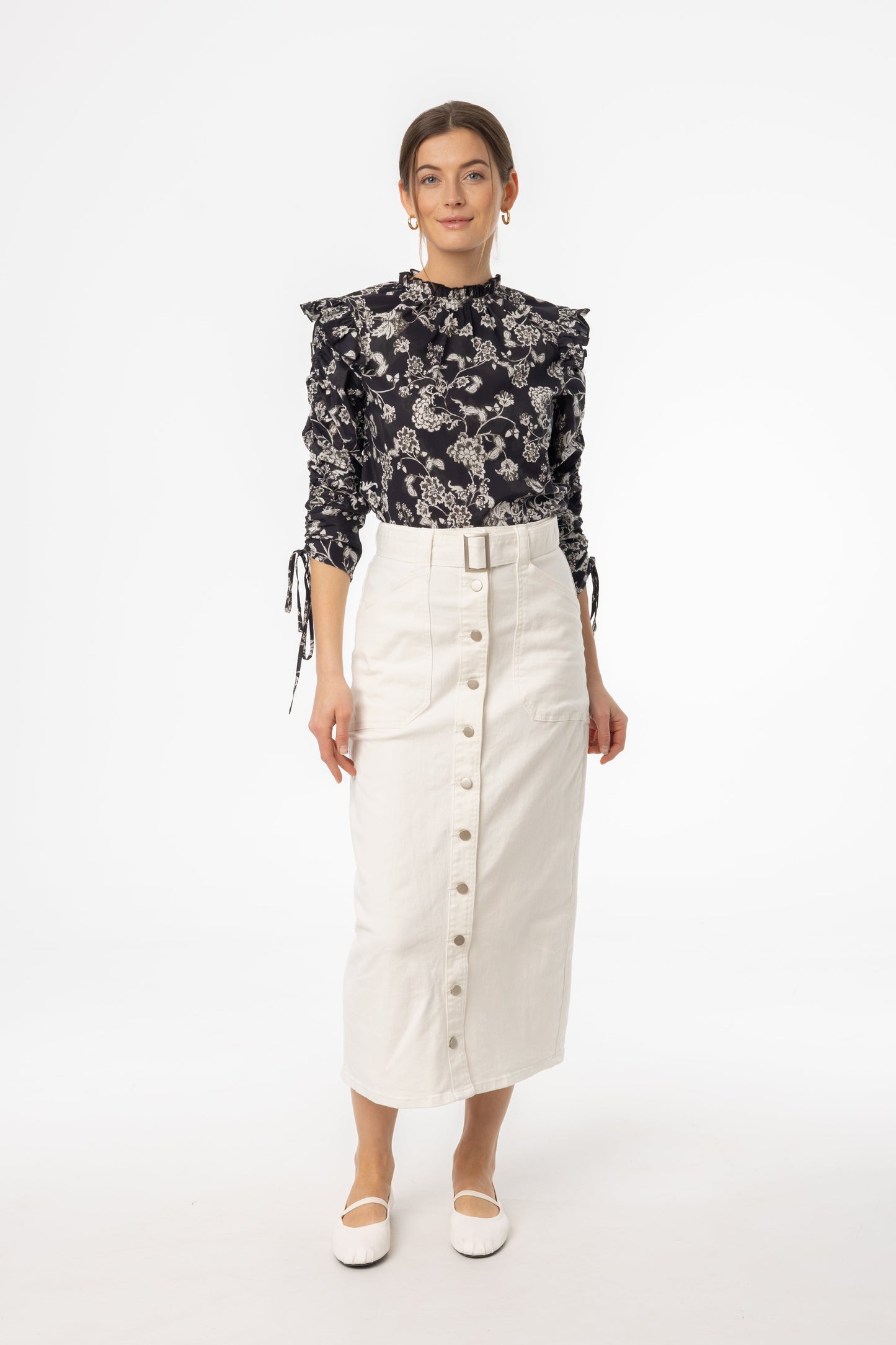 White Belted Button Down Denim Skirt