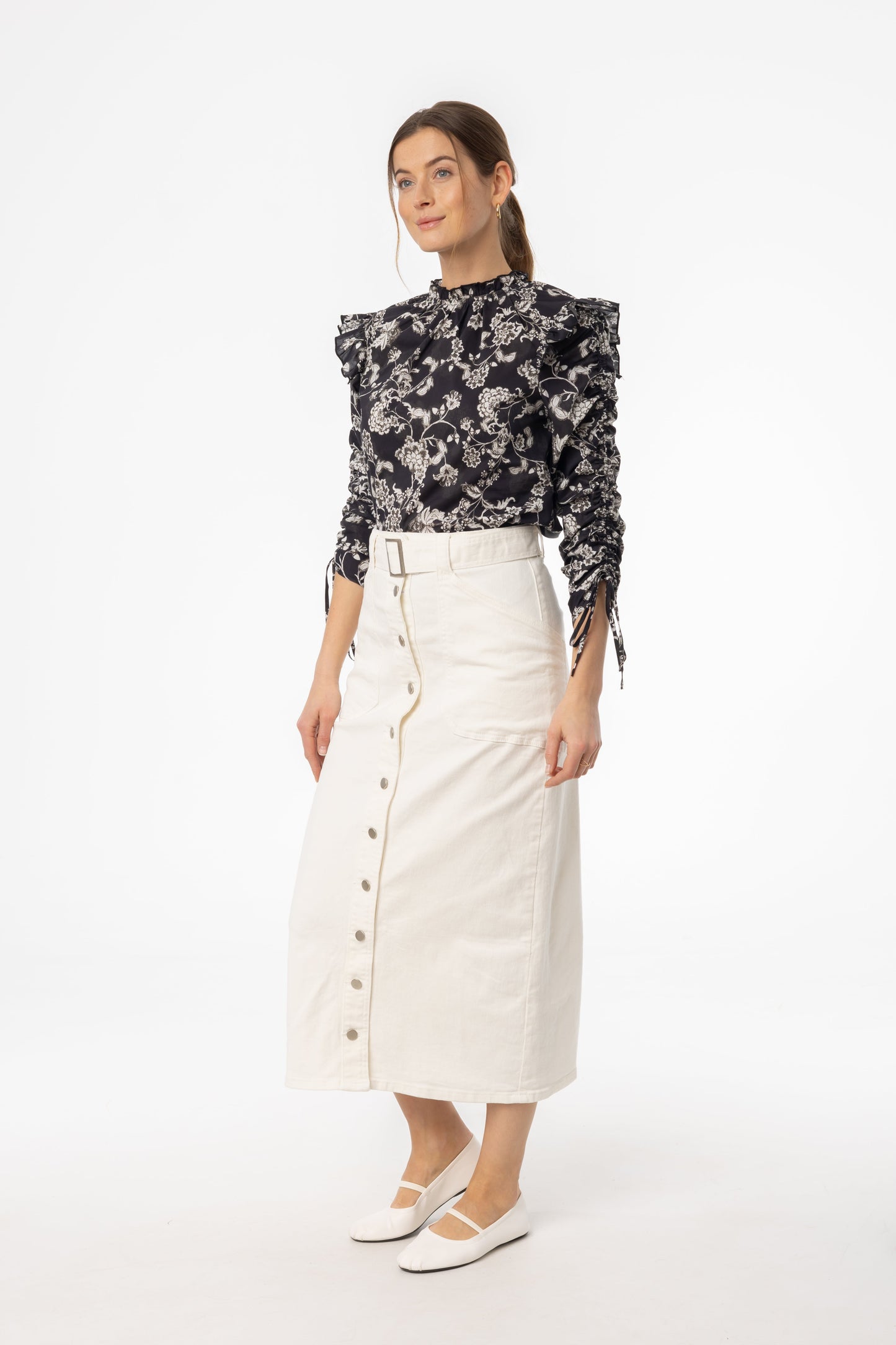 White Belted Button Down Denim Skirt