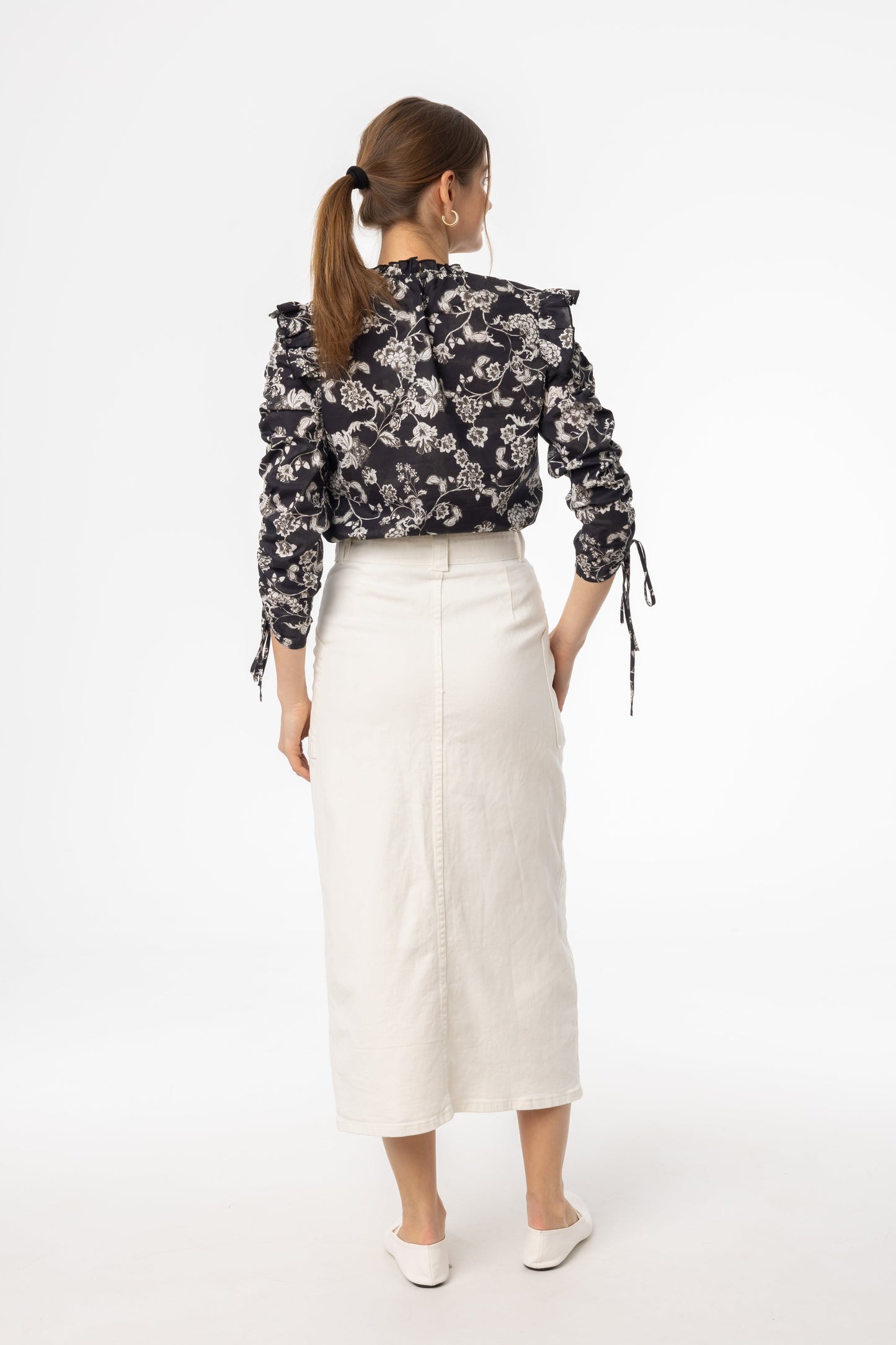 White Belted Button Down Denim Skirt