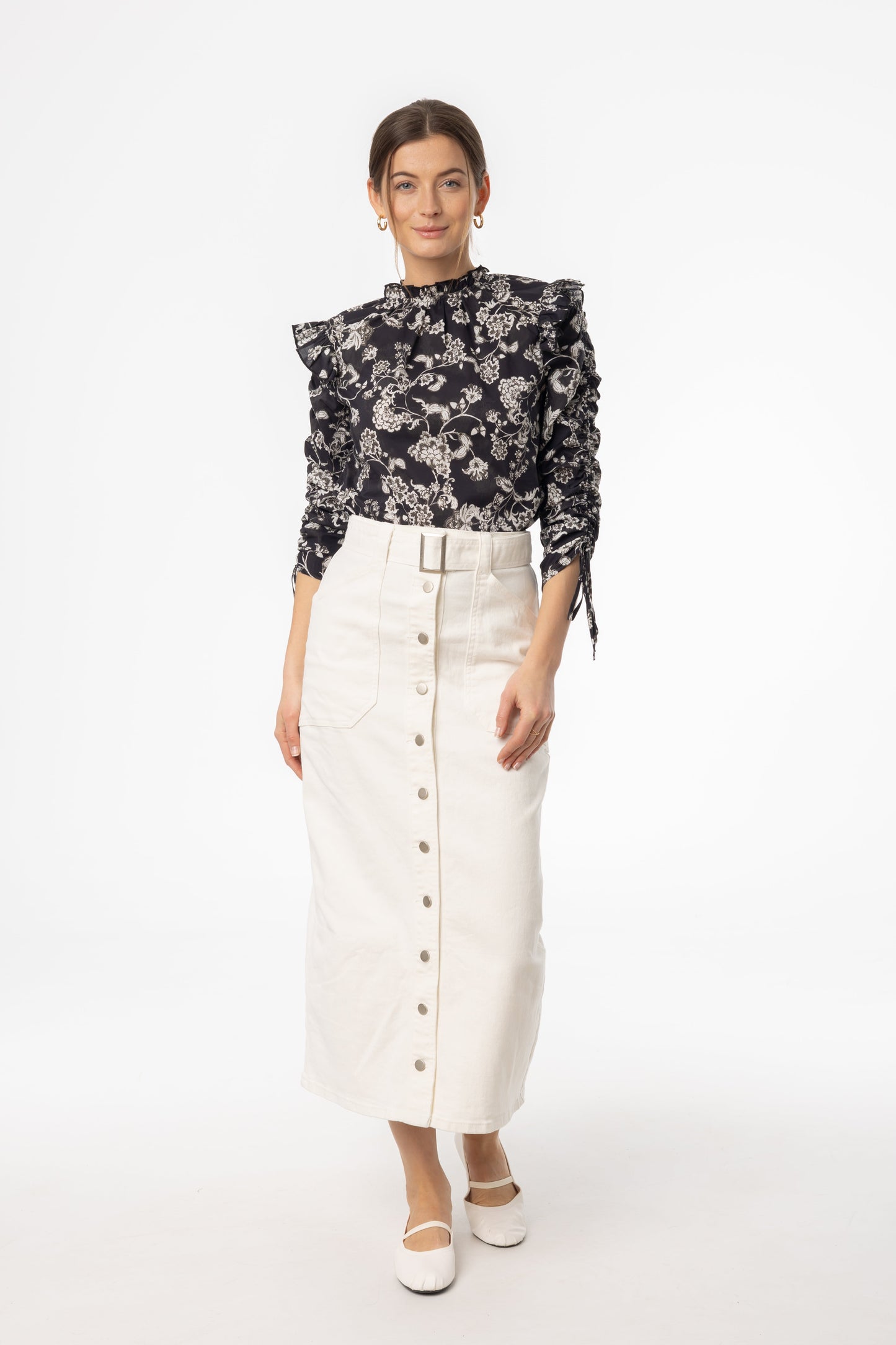 White Belted Button Down Denim Skirt