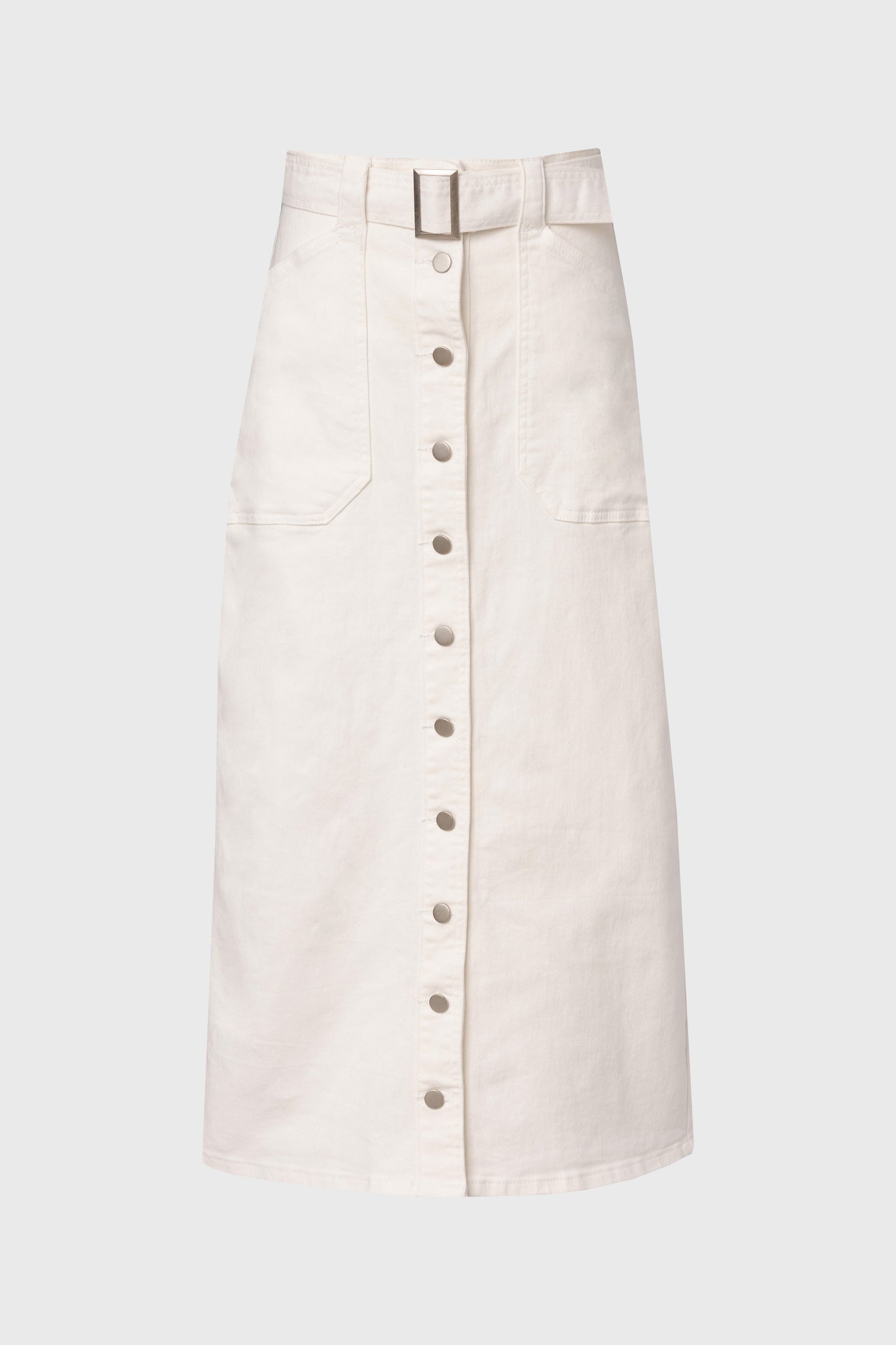 White Belted Button Down Denim Skirt