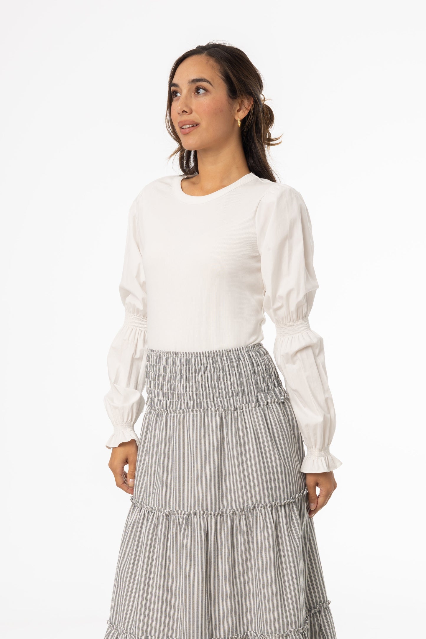White Combo Gathered Sleeve T-Shirt