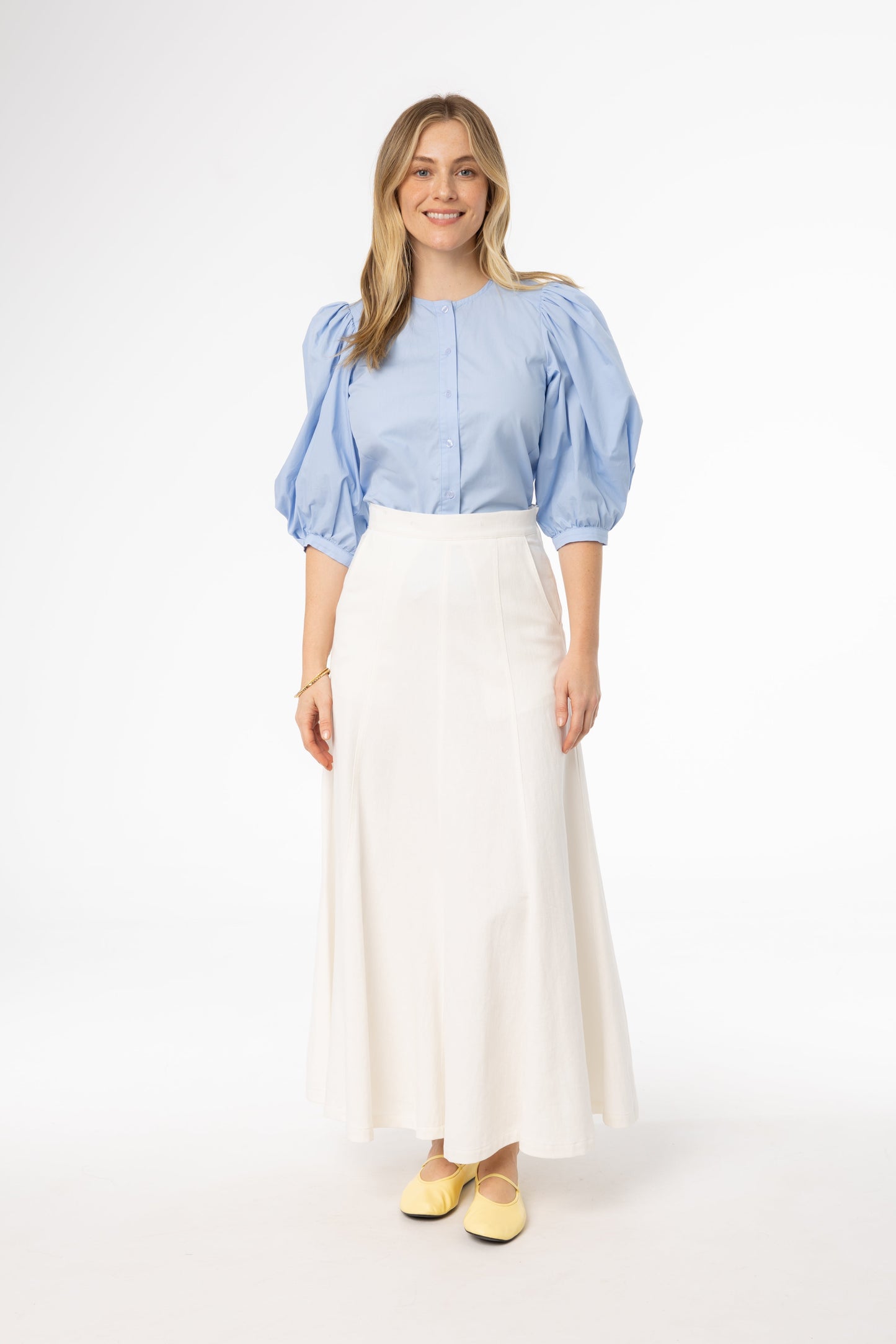 White Flare Panel Denim Skirt