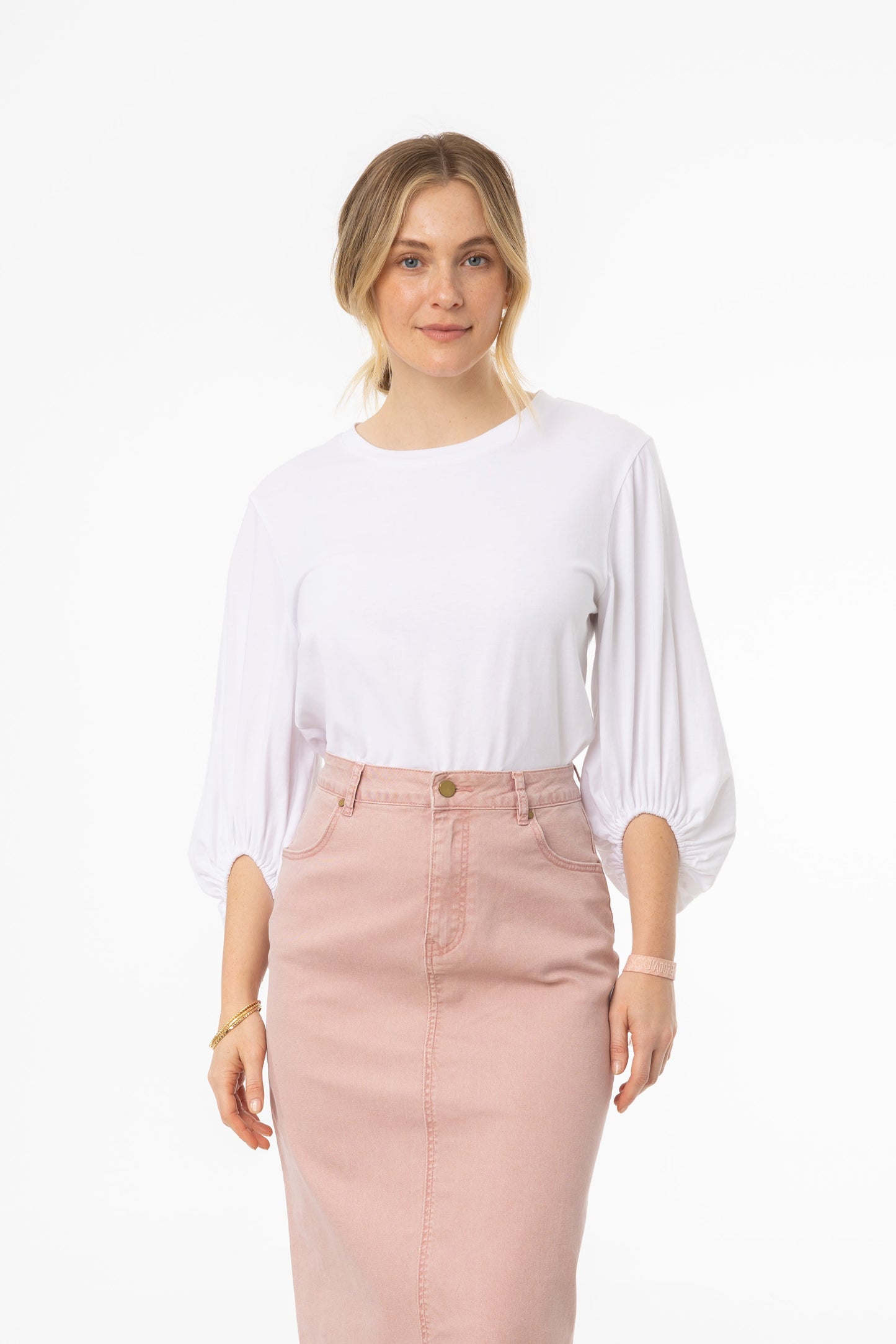 White Gathered Sleeve T-Shirt
