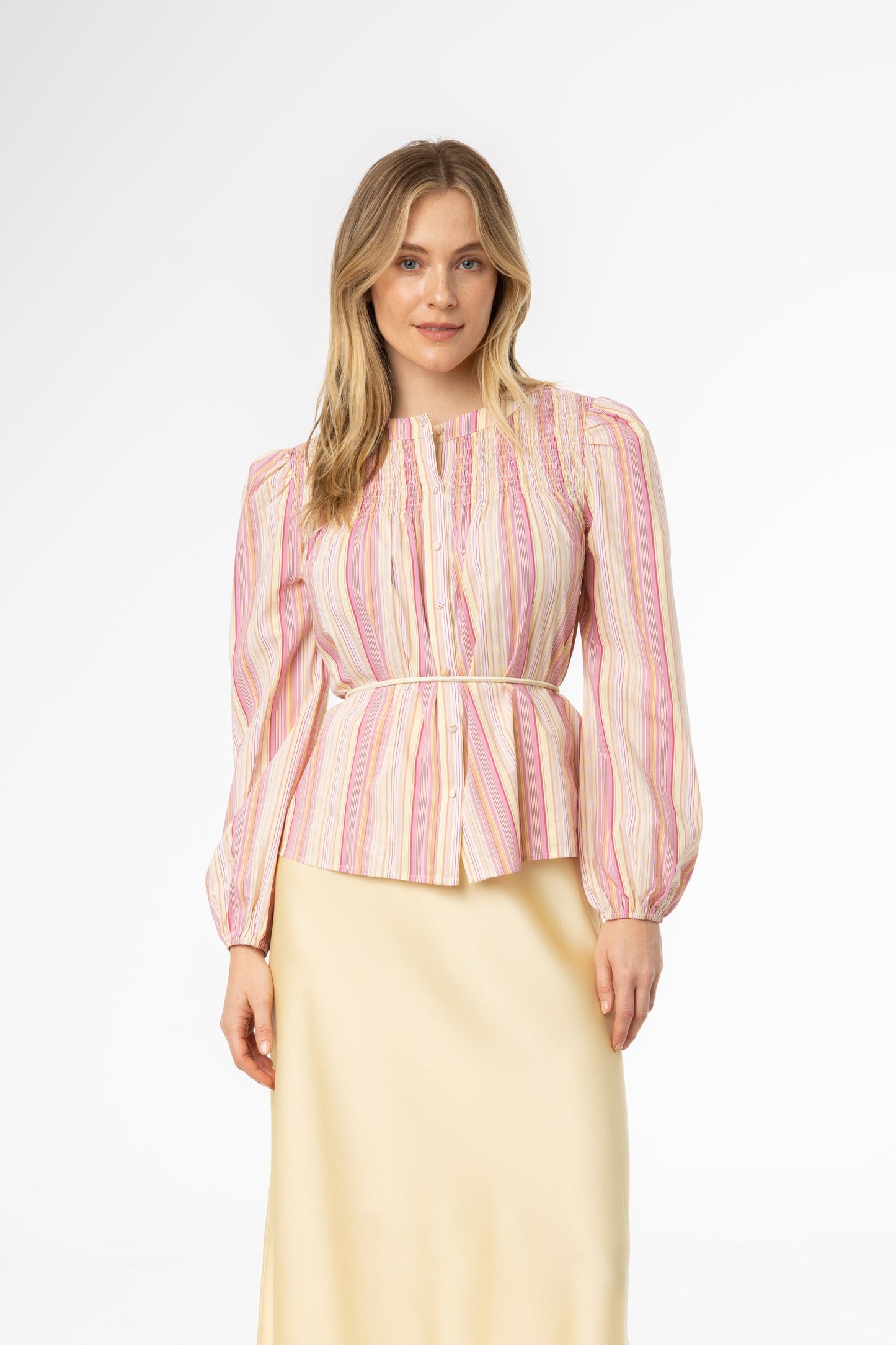 Yellow and Pink Striped Smocked Blouse