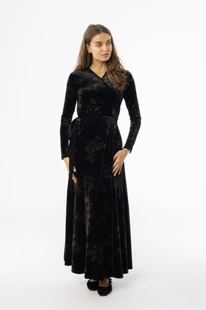 Black & Brown Printed Velour Wrap Dress
