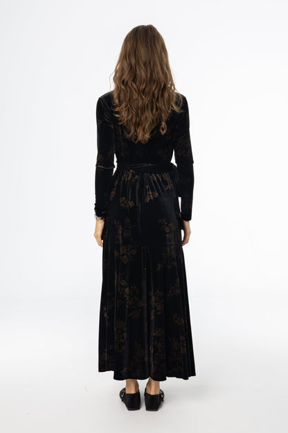 Black & Brown Printed Velour Wrap Dress