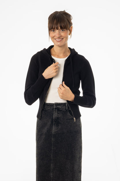 Black Zipper Knit Hoodie