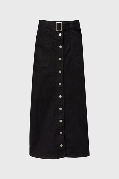 Black Belted Button Down Denim Skirt