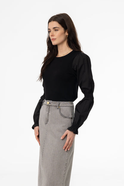 Black Combo Gathered Sleeve T-Shirt