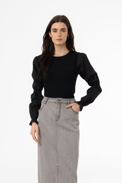 Black Combo Gathered Sleeve T-Shirt