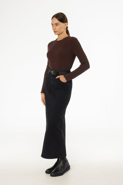 Black Corduroy Detail Denim Skirt