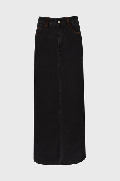 Black Corduroy Detail Denim Skirt