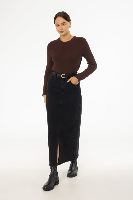 Black Corduroy Detail Denim Skirt