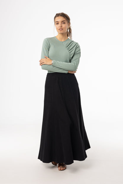 Black Flare Panel Denim Skirt