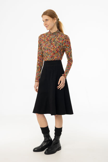 Black Flared Denim Skirt