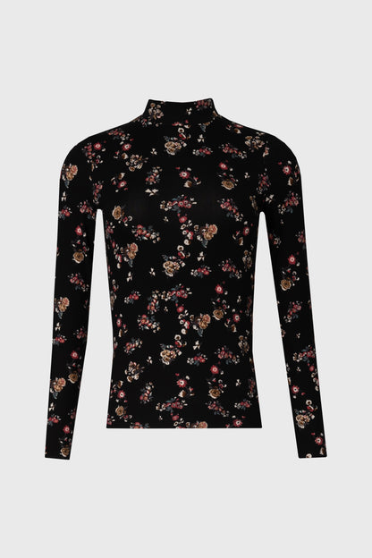 Black Floral Mock Neck Top