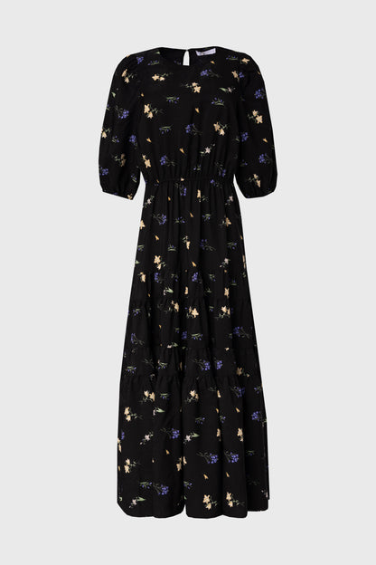 Black Floral Print Tiered Dress