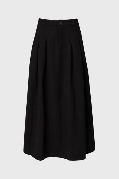 Black Front Pleated Flared Skirt