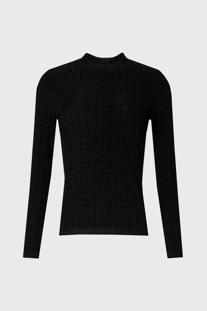 Black Herringbone Velvet Mock Neck Top