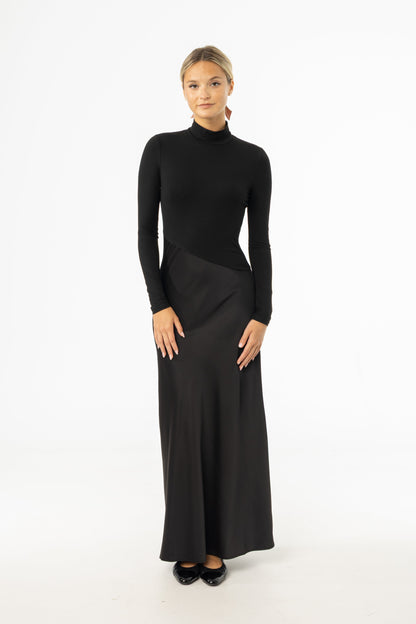 Black Combo Mock Neck Maxi Dress