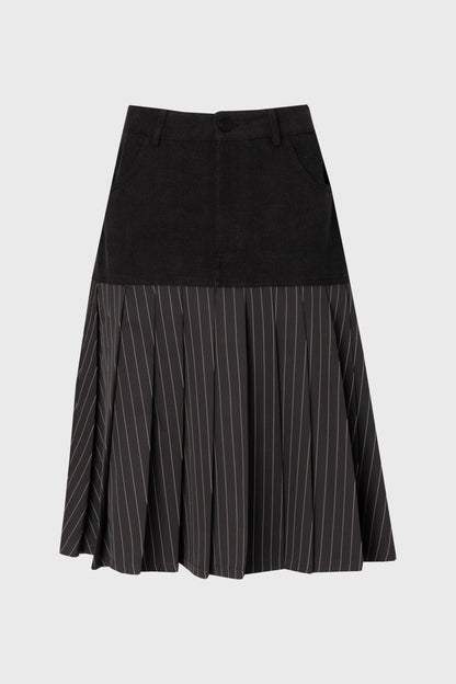 Grey Pinstripe Pleated Denim Skirt