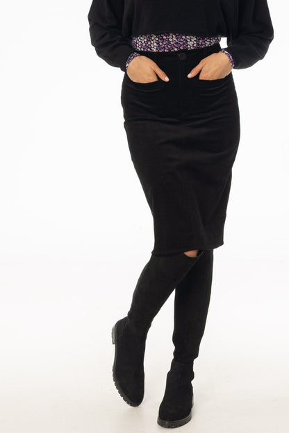 Black Pocket Corduroy Pencil Skirt