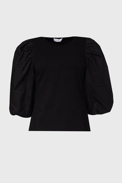 Black Puff Sleeve Mixed Fabric Tee