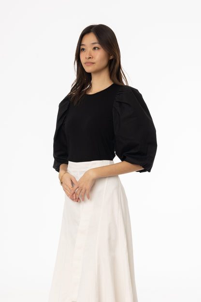 Black Puff Sleeve Mixed Fabric Tee
