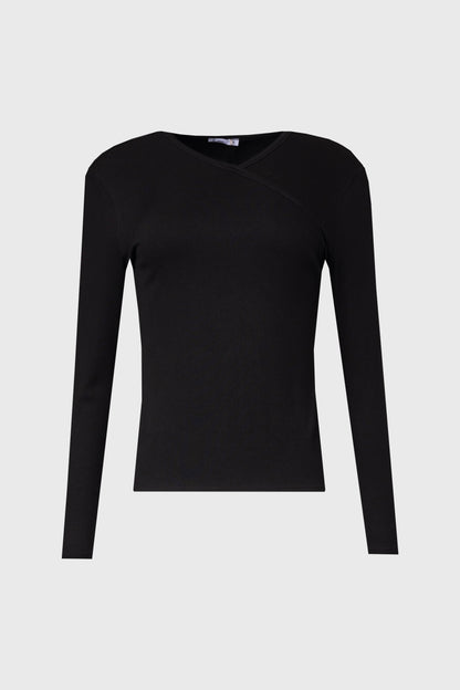 Black Ribbed Faux Wrap Tee