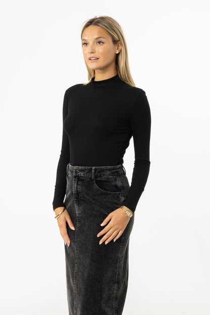 Black Ribbed Mock Neck Top