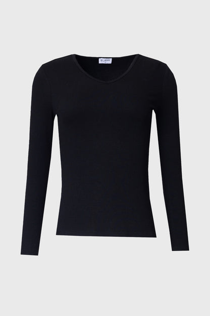 Black Ribbed V-Neck Long Sleeve Tee