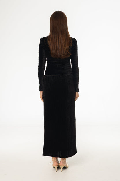 Black Ruched Velvet Skirt