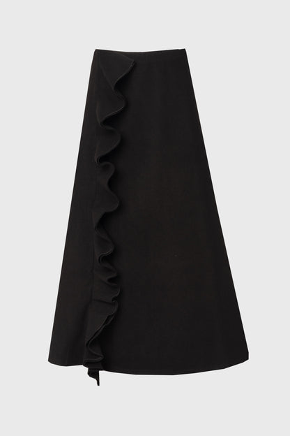 Black Ruffle Wool Maxi Skirt