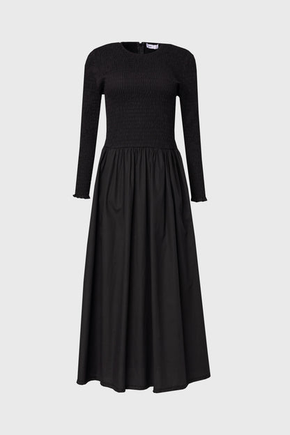 Black Smocked Cotton Maxi Dress