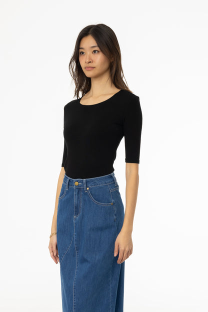 Black Solid Midi Sleeve Wider Neck Tee