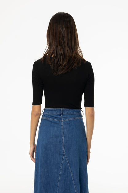 Black Solid Midi Sleeve Wider Neck Tee