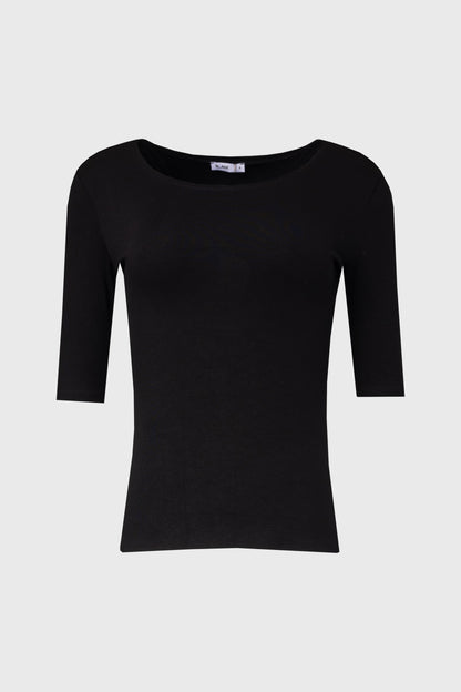 Black Solid Midi Sleeve Wider Neck Tee