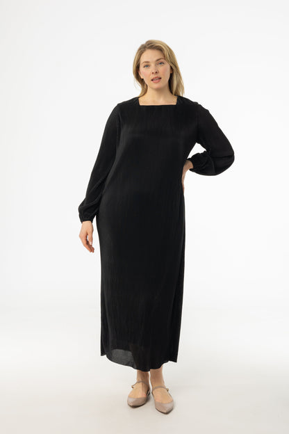 Black Square Neck Accordion Pleat Maxi Dress