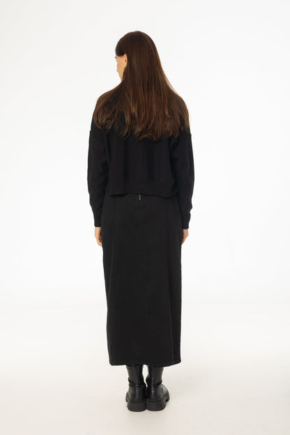 Black Straight Denim Maxi Skirt