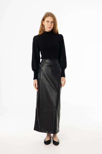 Black Straight Vegan Leather Skirt