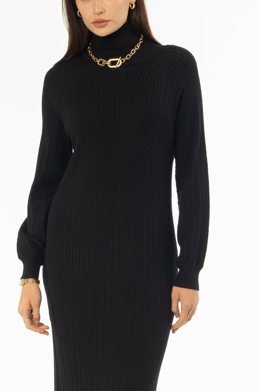 Black Turtleneck Cable Knit Maxi Dress
