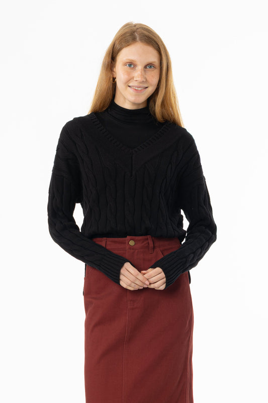 Black V-Neck Cable Knit Sweater