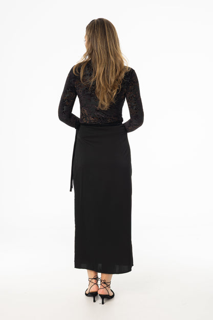 Black Velour Trim Wrap Skirt